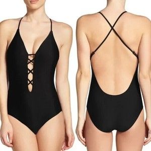 BCA Becca Virtue Strap Black Halter One-Pc Plunge Low Back Swimsuit Women's Sz M